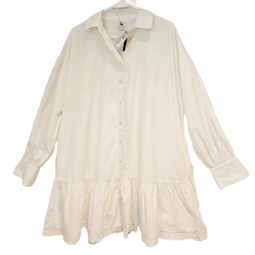 NWT River Island UK White Cotton Ruffle Eyelet Button-Up Mini Dress UK 14 US 10 - Picture 2 of 11